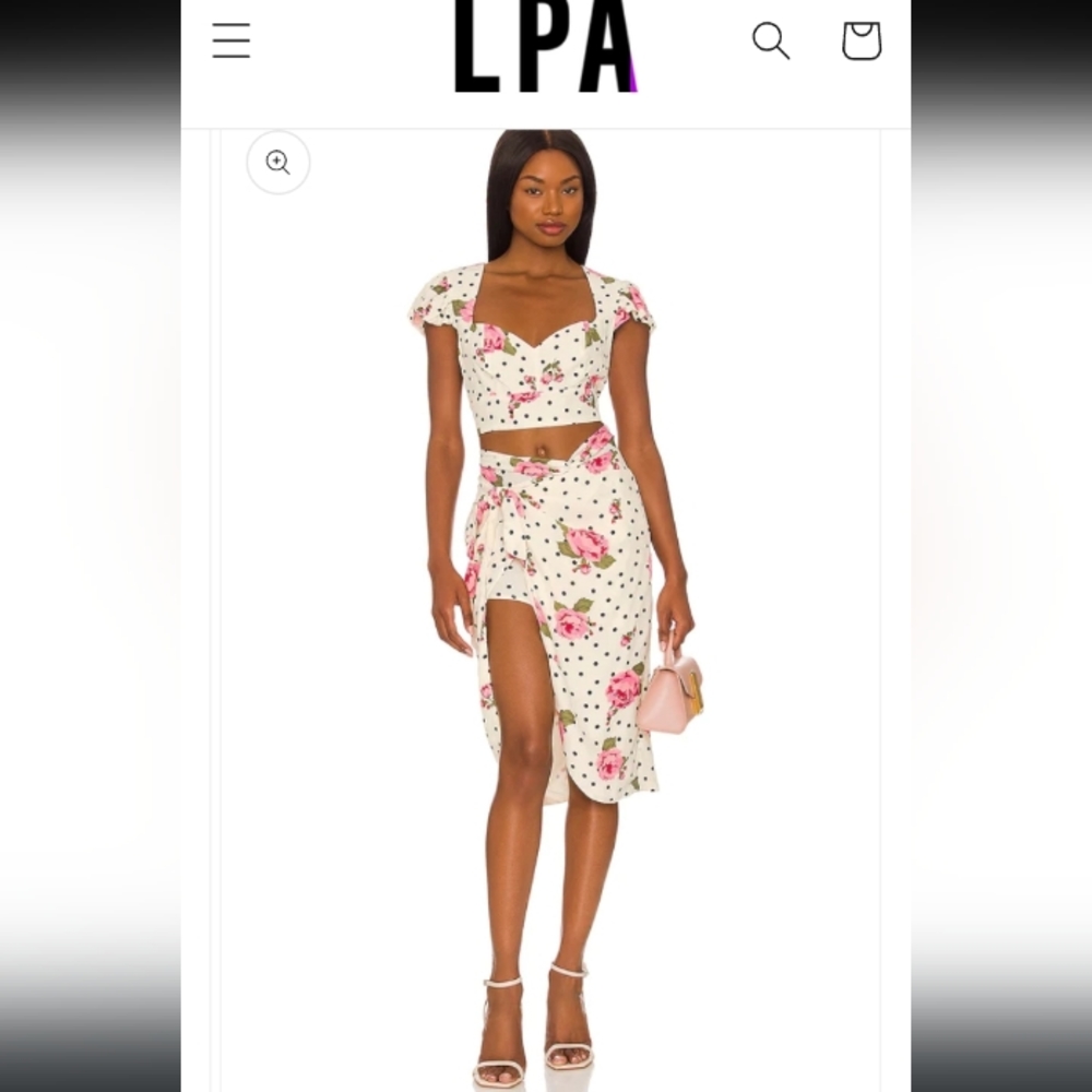 LPA Cream Floral Wrap Midi Skirt